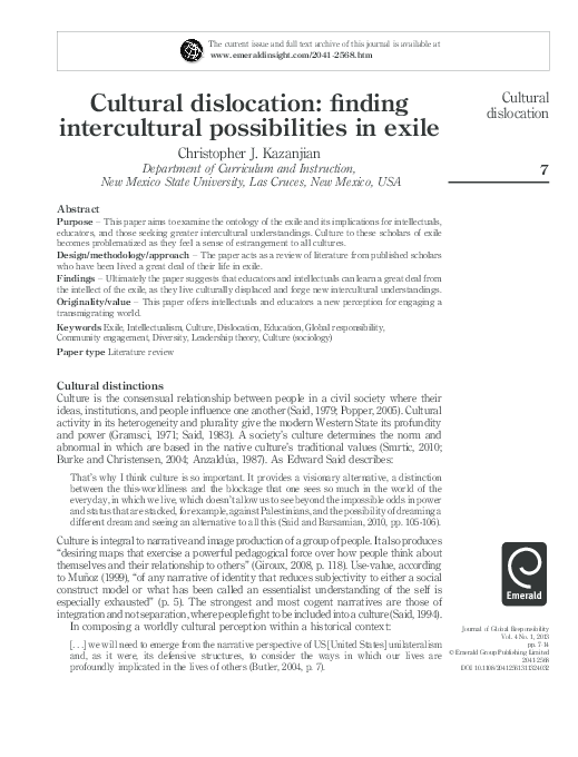 (PDF) Cultural Dislocation: Finding Intercultural Possibilities in Exile