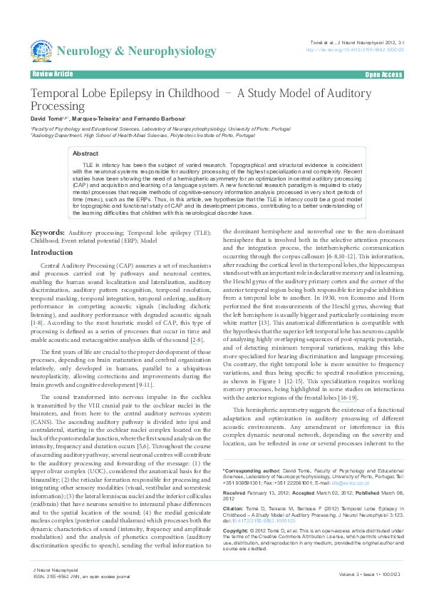 (PDF) Temporal Lobe Epilepsy in Childhood – A Study Model of Auditory ...