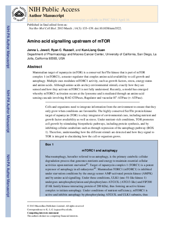 (PDF) Amino acid signalling upstream of mTOR