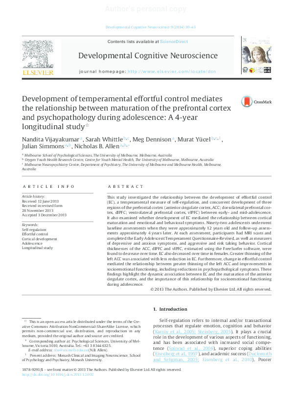 (PDF) Development of temperamental effortful control mediates the