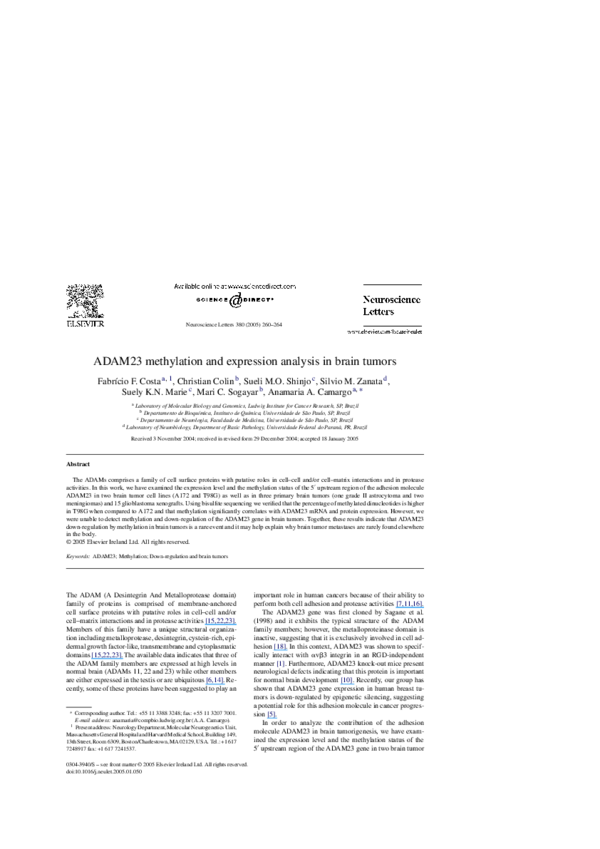(PDF) ADAM23 methylation and expression analysis in brain tumors