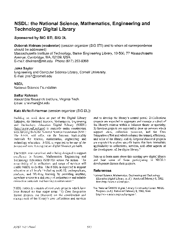 (PDF) NSDL: The National Science, Mathematics, Engineering and ...