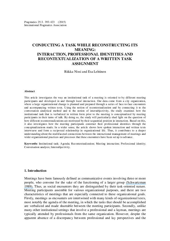 (PDF) Conducting a task while reconstructing its meaning: Interaction ...