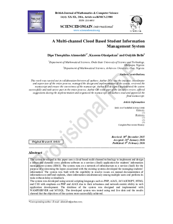 (PDF) A Multi-channel Cloud Based Student Information Management System