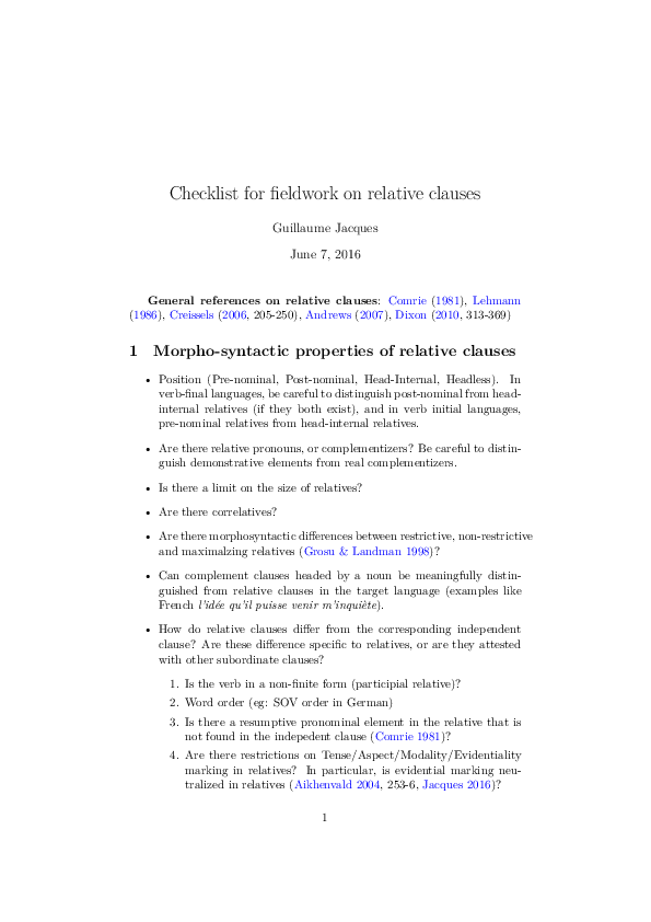 (PDF) Checklist for fieldwork on relative clauses