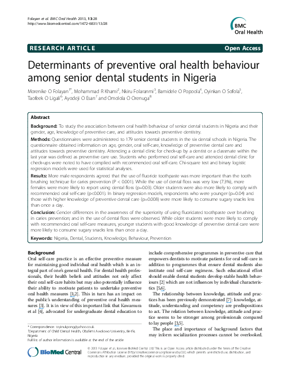 (PDF) Determinants of preventive oral health behaviour among senior