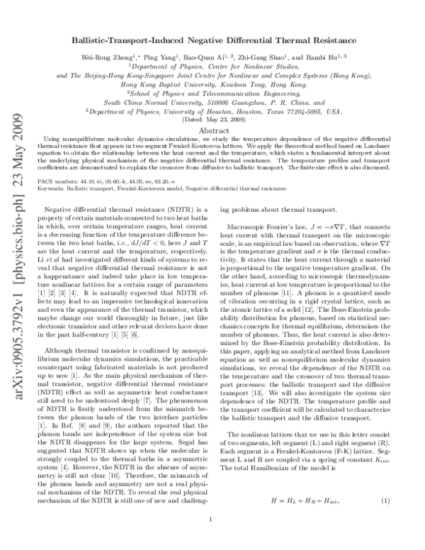(PDF) Negative differential thermal resistance induced by ballistic ...