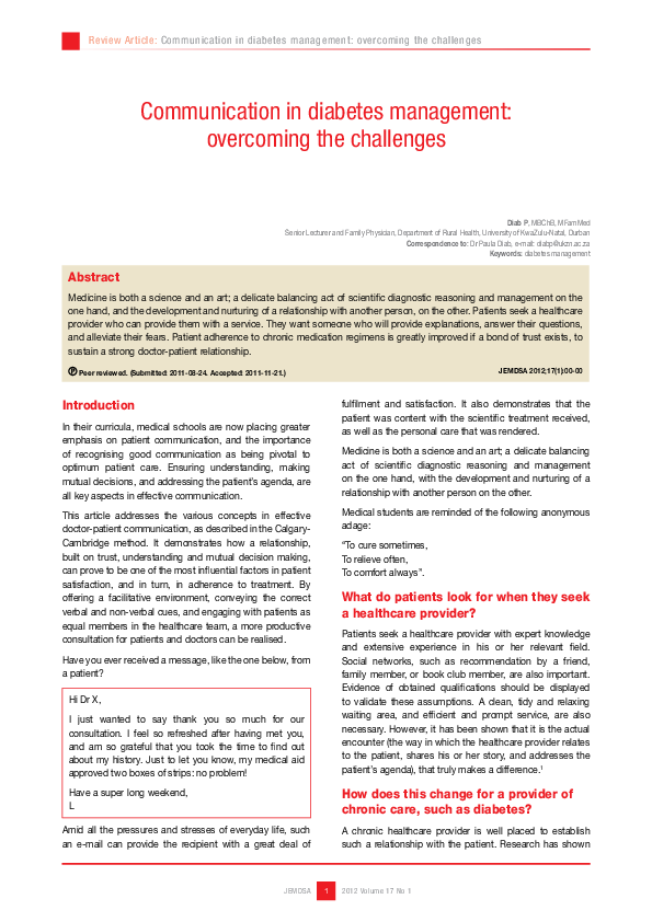 (PDF) Communication in Diabetes Management: Overcoming the challenges