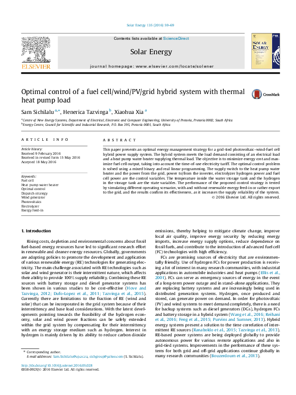 (PDF) Optimal control of a fuel cell/wind/PV/grid hybrid system with ...