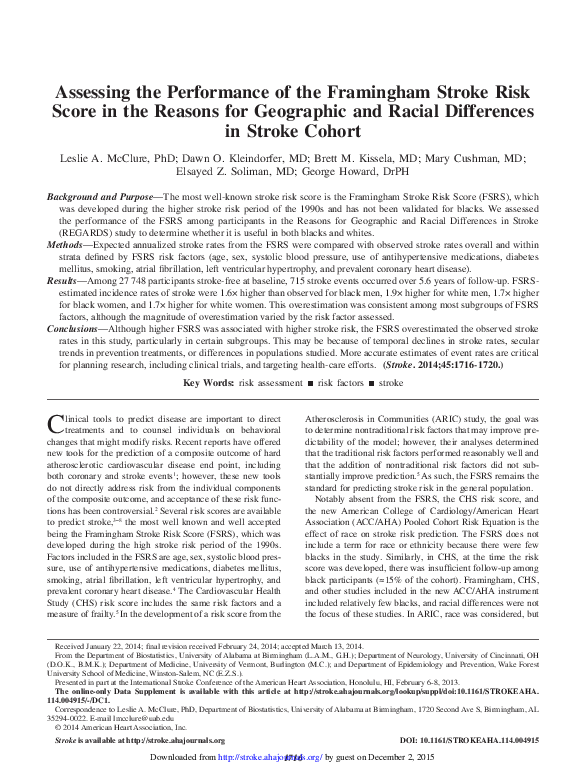 (PDF) Assessing the performance of the Framingham Stroke Risk Score in ...