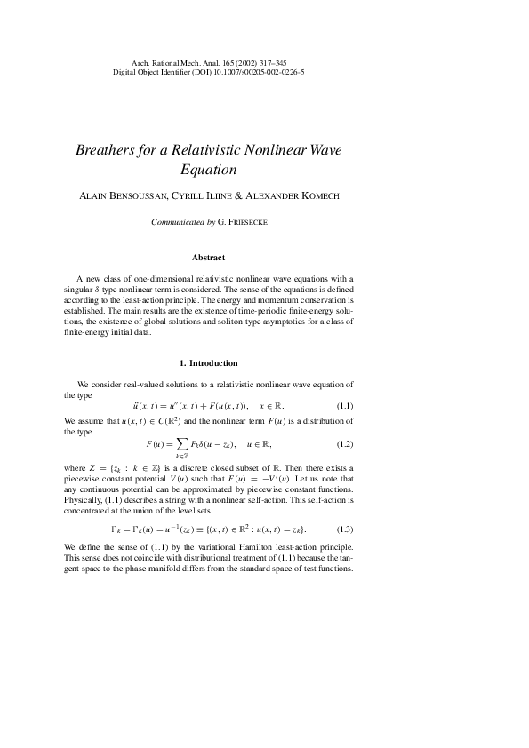 (PDF) Breathers for a Relativistic Nonlinear Wave Equation
