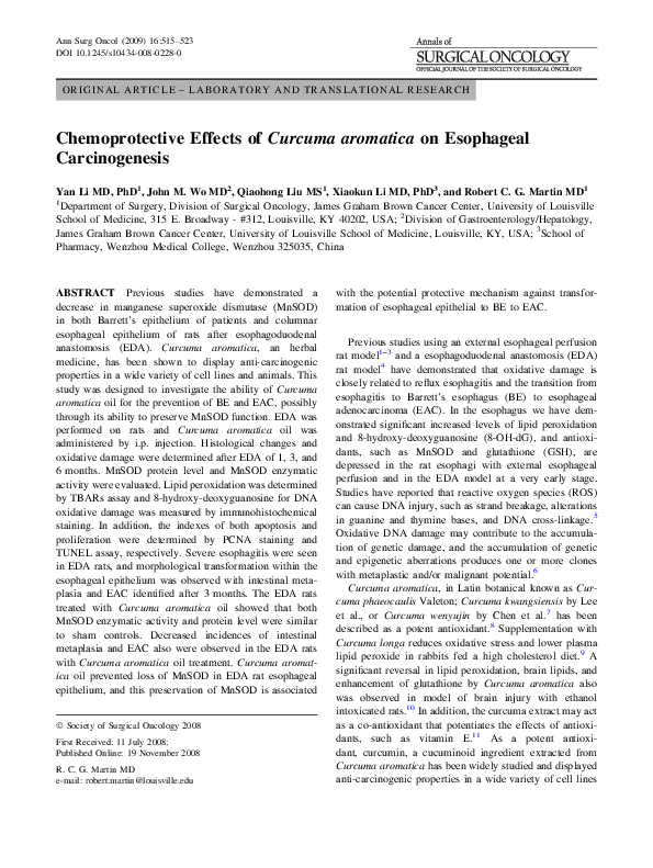 PDF) Chemoprotective Effects of Curcuma aromatica on Esophageal
