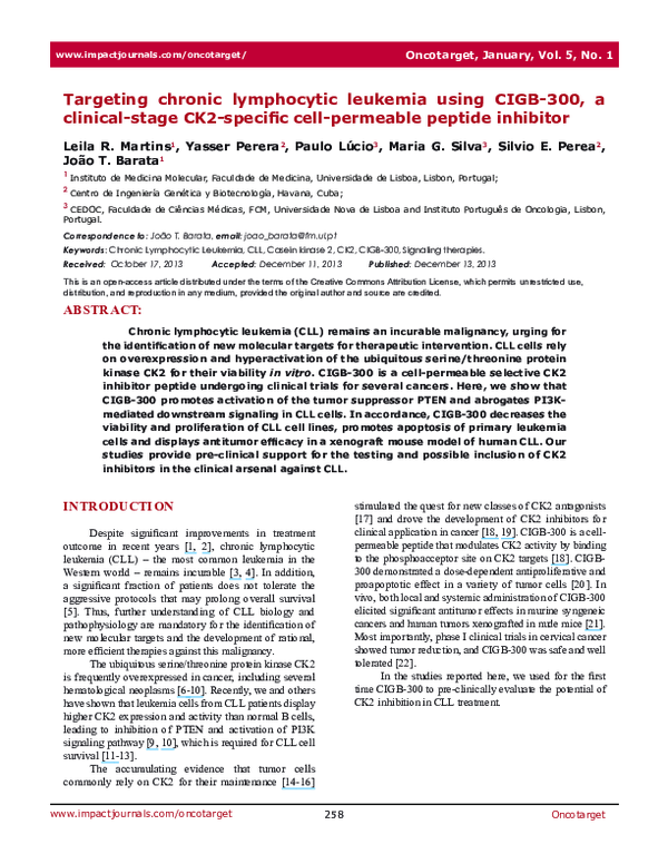 (PDF) Targeting chronic lymphocytic leukemia using CIGB-300, a clinical ...