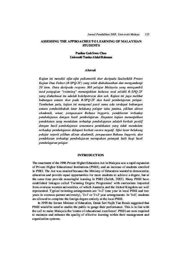 (PDF) Assessing the Approaches to Learning of Malaysian Students