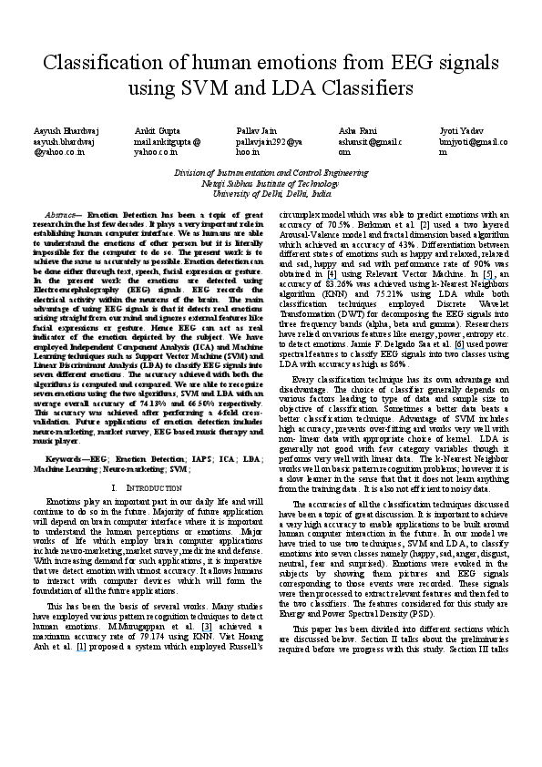 (PDF) Classification of human emotions from EEG signals using SVM and ...