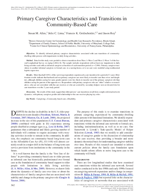 (PDF) Primary Caregiver Characteristics and Transitions in Community