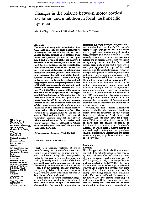 (PDF) Changes in the balance between motor cortical excitation and ...