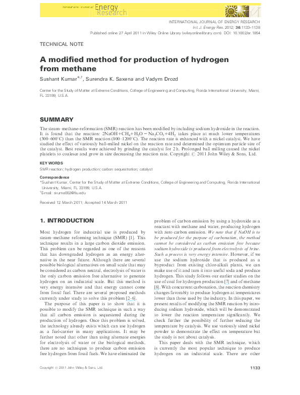 (PDF) A modified method for production of hydrogen from methane