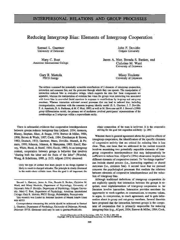 (PDF) Reducing intergroup bias: Elements of intergroup cooperation