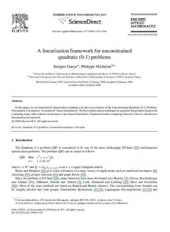 (PDF) A linearization framework for unconstrained quadratic (0-1) problems