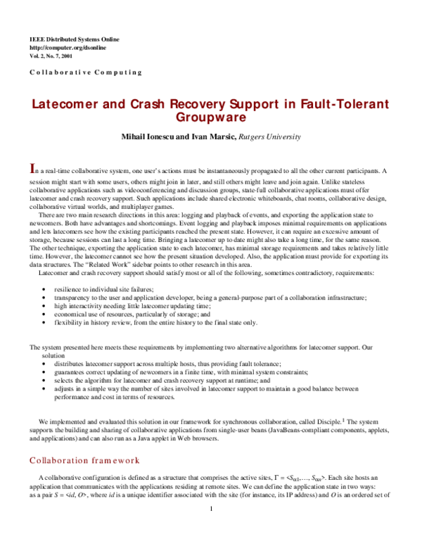 (PDF) Latecomer and crash recovery support in fault-tolerant groupware