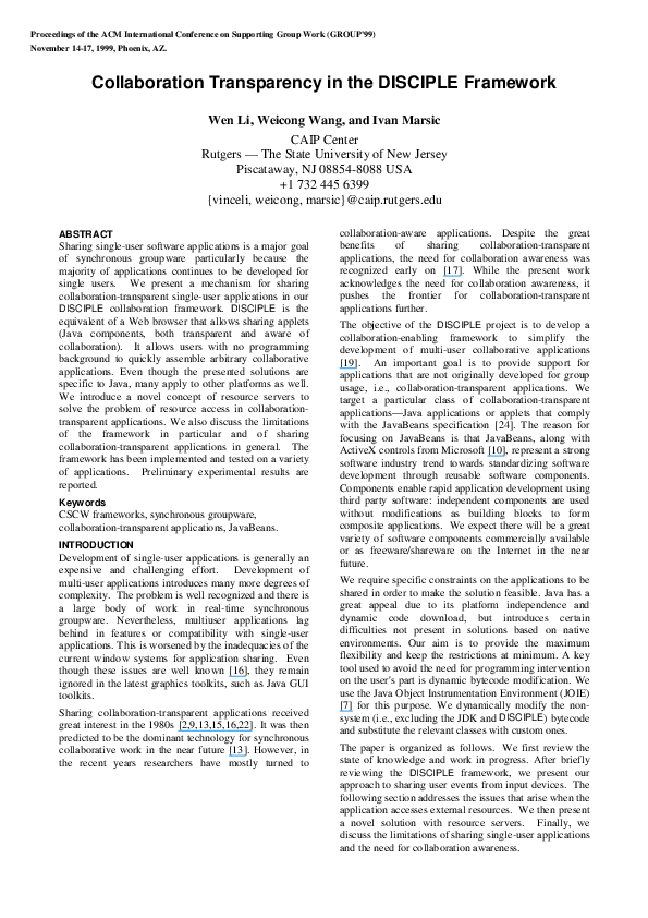 (PDF) Collaboration transparency in the DISCIPLE framework