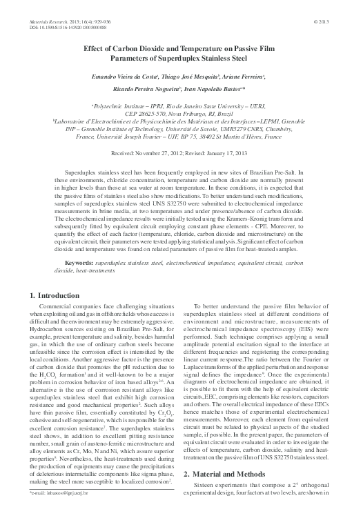 (PDF) Factorial design applied to corrosion of superduplex stainless steel