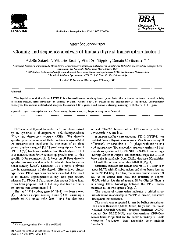 (PDF) Cloning and sequence analysis of human thyroid transcription factor 1