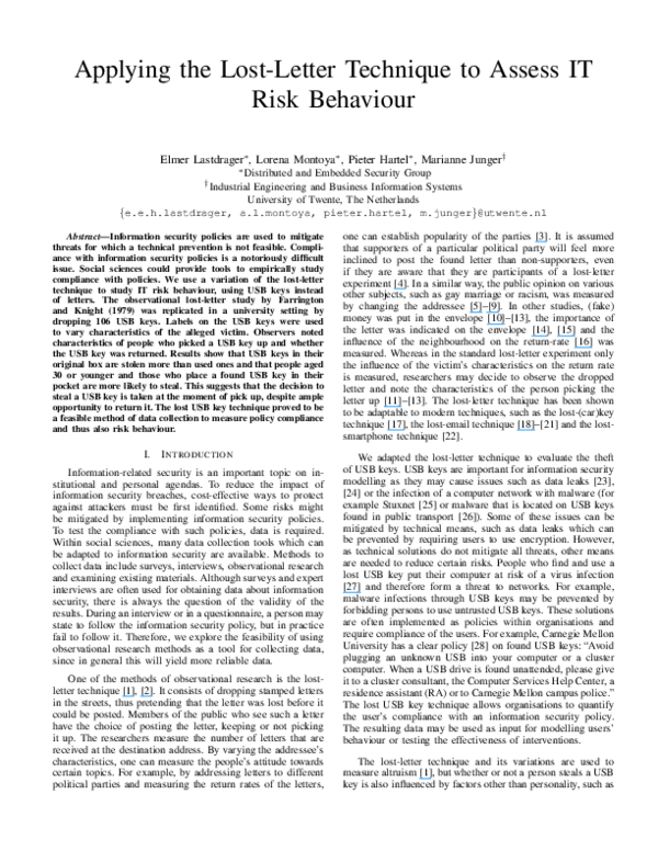 (PDF) Applying the lost-letter technique to assess it risk behaviour