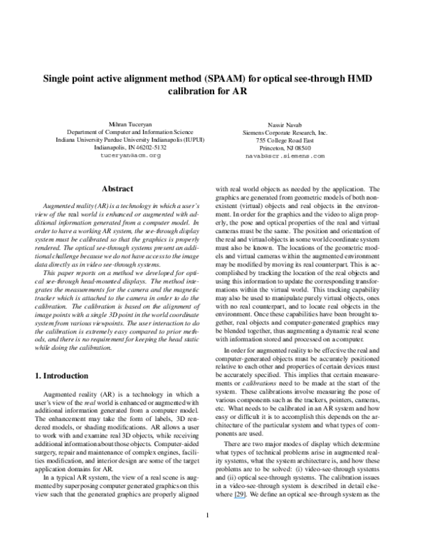 (PDF) Single point active alignment method (SPAAM) for optical see ...