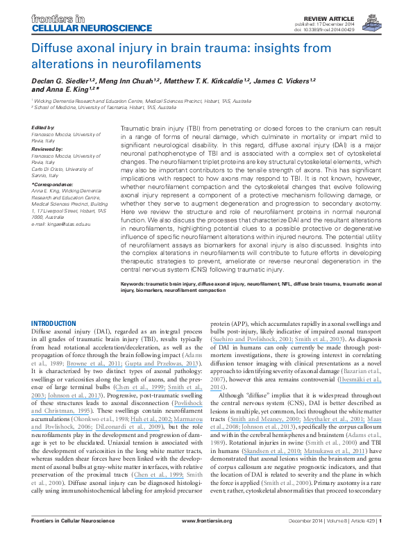(PDF) Diffuse axonal injury in brain trauma: insights from alterations ...