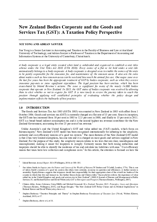 (PDF) New Zealand Bodies Corporate and the Goods and Services Tax (GST ...