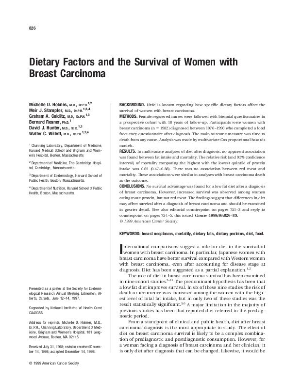 Dietary factors and the survival of women with breast carcinoma