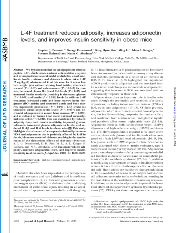 (PDF) L-4F treatment reduces adiposity, increases adiponectin levels ...