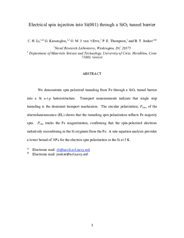 (PDF) Electrical spin injection into Si(001) through a SiO[sub 2 ...