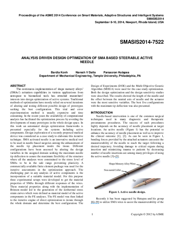(PDF) Analysis Driven Design Optimization of SMA-Based Steerable Active ...