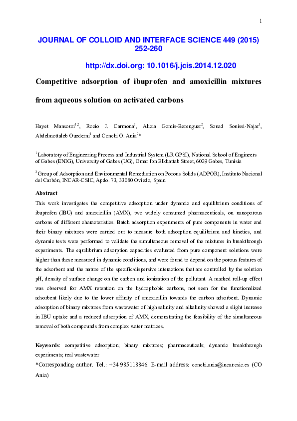 (PDF) Competitive adsorption of ibuprofen and amoxicillin mixtures from