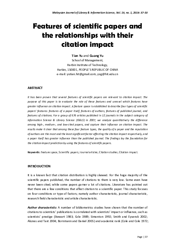 (PDF) Features of scientific papers and the relationship with their ...