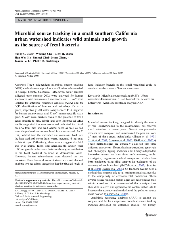 (PDF) Microbial source tracking in a small southern California urban ...