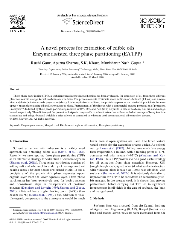 (PDF) A novel process for extraction of edible oils Ruchi Gaur