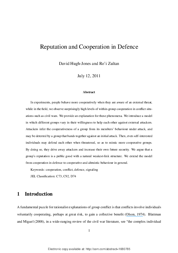 (PDF) Reputation and Cooperation in Defence