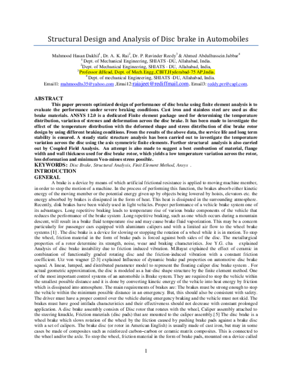(PDF) Structural Design and Analysis of Disc brake in Automobiles