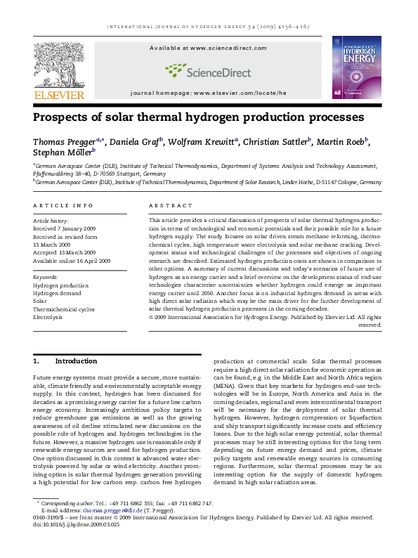 (PDF) Prospects of solar thermal hydrogen production processes