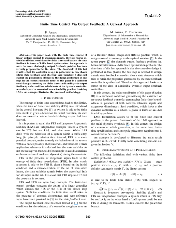 (PDF) Finite time control via output feedback: a general approach