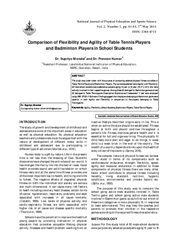 (PDF) Comparison of Flexibility and Agility of Table Tennis Players and