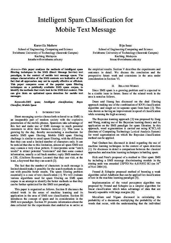 (PDF) Intelligent spam classification for mobile text message