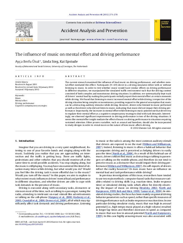 (PDF) The influence of music on mental effort and driving performance