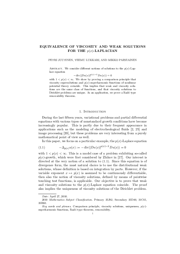 (PDF) Equivalence of viscosity and weak solutions for the -Laplacian