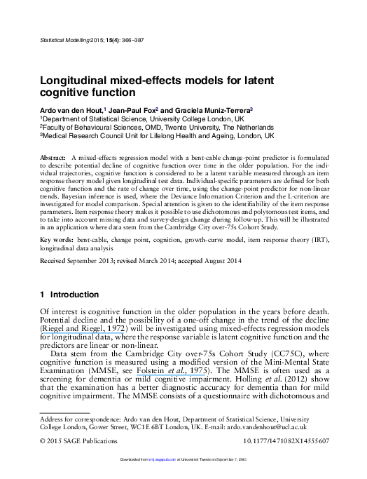 (PDF) Longitudinal mixedeffects models for latent cognitive function