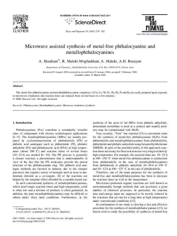 (PDF) Microwave assisted synthesis of metal-free phthalocyanine and ...